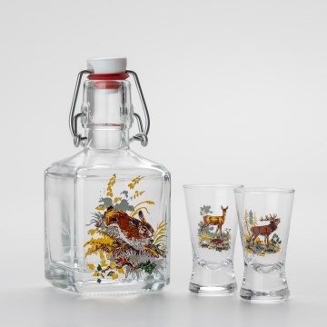 Set 1x glazen fles en 2x shotglas doorzichtig met diermotief - haas