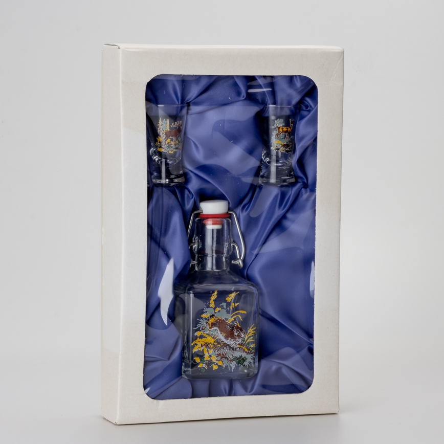Set 1x glazen fles en 2x shotglas doorzichtig met diermotief - haas