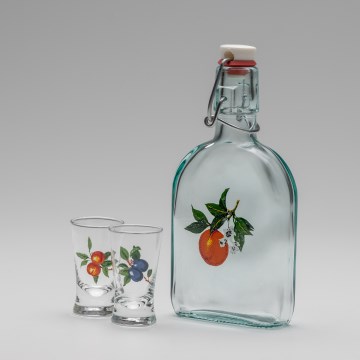 Set 1x glazen fles en 2x shotglas doorzichtig met een abrikozenmotief