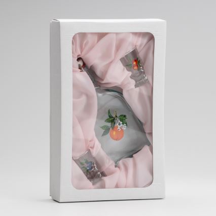 Set 1x glazen fles en 2x shotglas doorzichtig met een abrikozenmotief