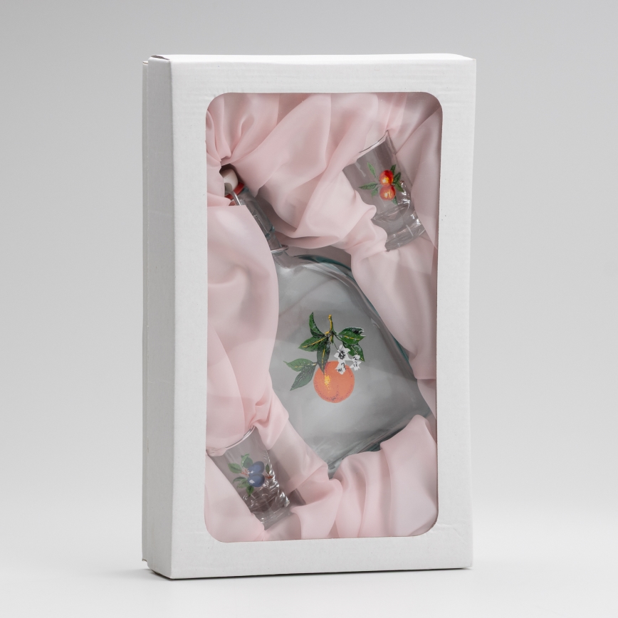 Set 1x glazen fles en 2x shotglas doorzichtig met een abrikozenmotief