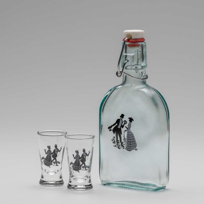 Set 1x glazen fles en 2x shotglas doorzichtig met een dansmotief