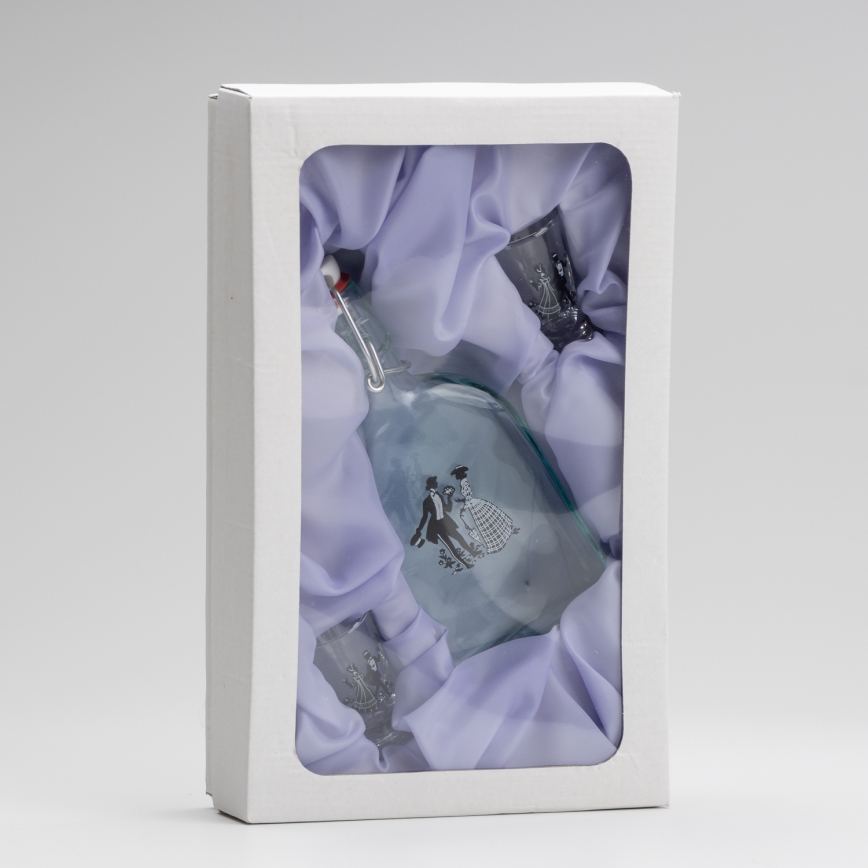 Set 1x glazen fles en 2x shotglas doorzichtig met een dansmotief