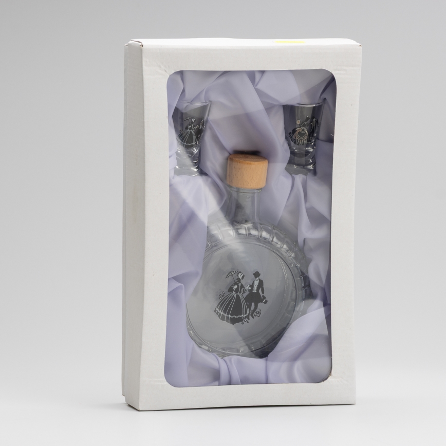 Set 1x glazen fles en 2x shotglas doorzichtig met een dansmotief
