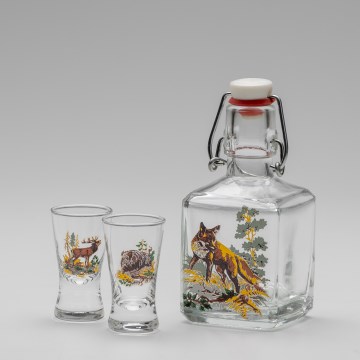 Set 1x glazen fles en 2x shotglas doorzichtig met een vossenmotief