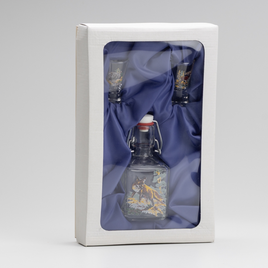 Set 1x glazen fles en 2x shotglas doorzichtig met een vossenmotief