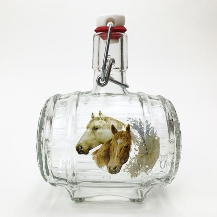 Set 1x glas bottle in tonvorm en 2x shotglas doorzichtig met paardenmotief