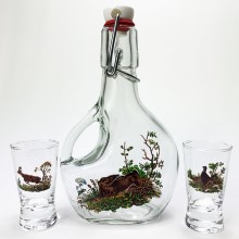 Set  1x Grote fles + 2x shotglas doorzichtig met een bosdierenmotief