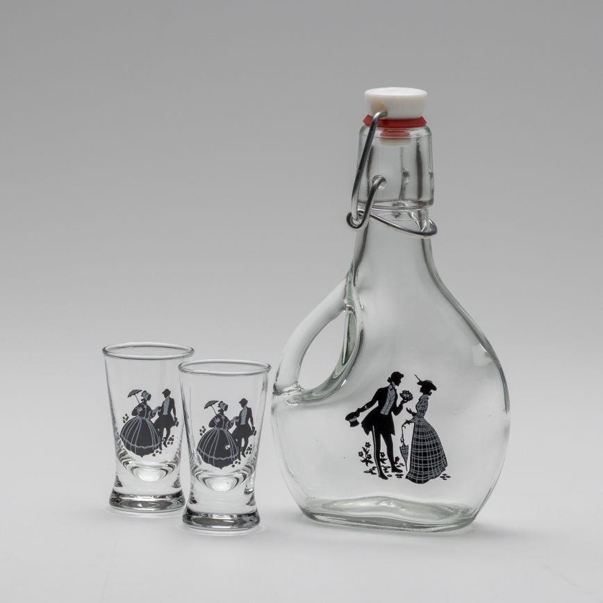 Set 1x grote fles + 2x shotglas doorzichtig met een dansmotief
