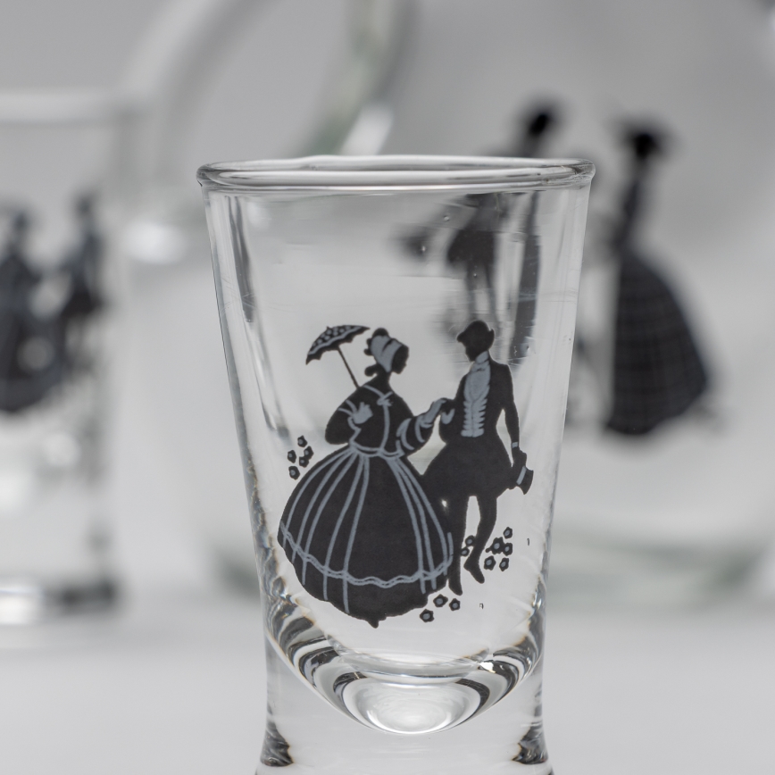 Set 1x grote fles + 2x shotglas doorzichtig met een dansmotief