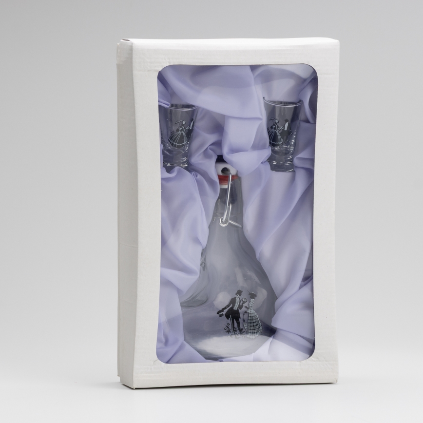 Set 1x grote fles + 2x shotglas doorzichtig met een dansmotief