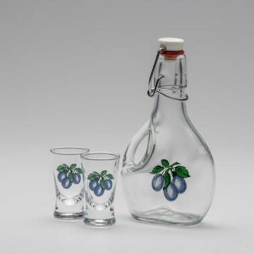 Set 1x grote fles + 2x shotglas doorzichtig met een pruimenmotief