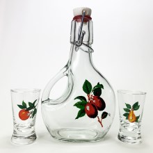 Set  1x Grote fles + 2x shotglas doorzichtig met fruitmotief