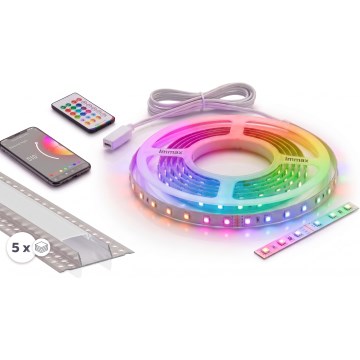 SET 1x LED RGBW dimbare strip NEO LITE MUSIC LED/24W/230V 5 m IP65 Wi-Fi Tuya + 5x inbouwprofiel 1 m zilver/wit + afstandsbediening