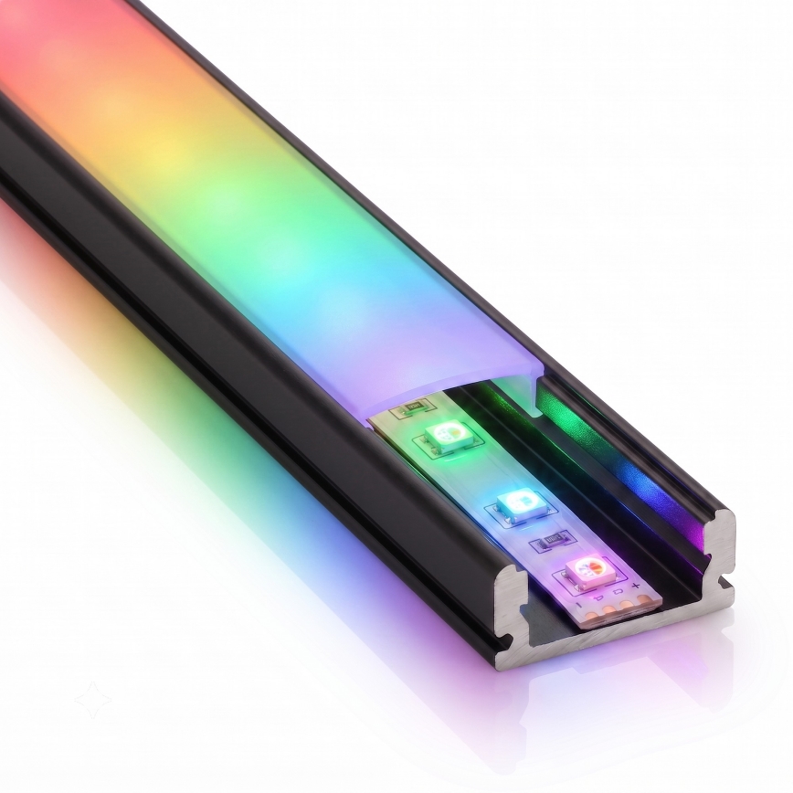 SET 1x dimbare RGBW LED-strip NEO LITE MUSIC LED/24W/230V 5 m IP65 Wi‑Fi Tuya + 5x inbouwprofiel 1 m zwart/wit + afstandsbediening