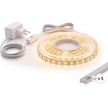 SET 1x LED-strip MYLIVING LIGHTSTRIP LED/22W/230V 5 m + 5x inbouwprofiel 1 m zilver/wit