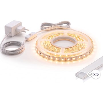 SET 1x LED-strip MYLIVING LIGHTSTRIP LED/22W/230V 5 m + 5x inbouwprofiel 1 m zilver/wit