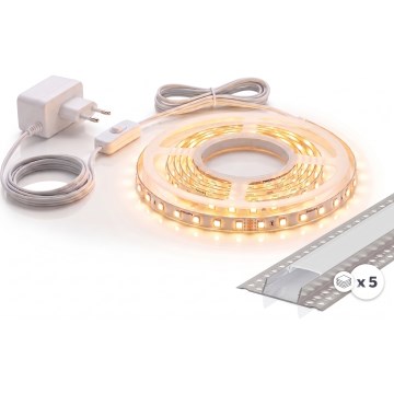 SET 1x LED-strip MYLIVING LIGHTSTRIP LED/22W/230V 5 m + 5x inbouwprofiel 1 m zilver/wit