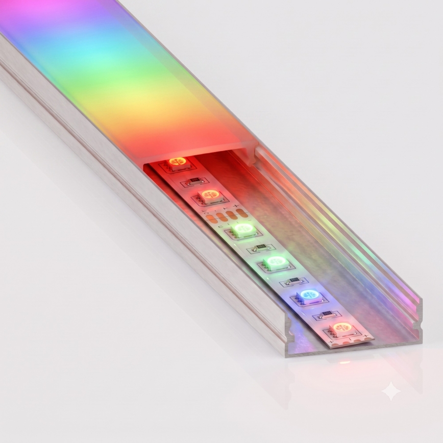 SET 1x dimbare LED RGBW-strip NEO LITE MUSIC LED/24W/230V, 5 m, IP65, Wi‑Fi Tuya + 5x inbouwprofiel 1 m, zilver/wit + afstandsbediening