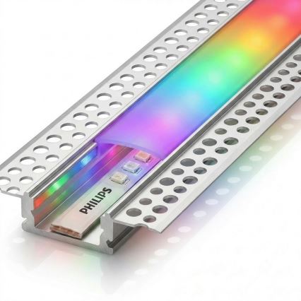 SET 1x dimbare LED RGBW-strip Philips Hue WHITE AND COLOR AMBIANCE LED/20W/230V 2 m + 2x inbouwprofiel 1 m zilver/wit