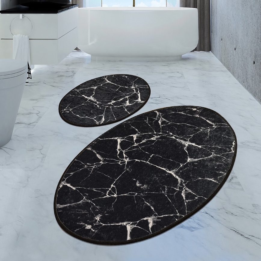 SET 2x Badkamer mat MARBLE 50x60/60x100 cm zwart