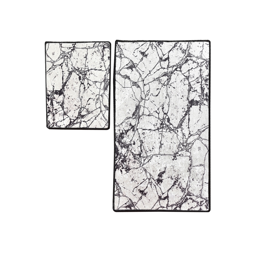 SET 2x Badkamer mat MARBLE 60/100 cm wit/zwart