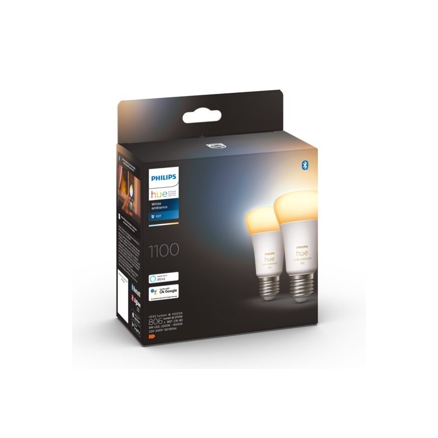 SET 2x Dimbare LED Lamp Philips Hue WHITE AMBIANCE E27/8W/230V 2200-6500K