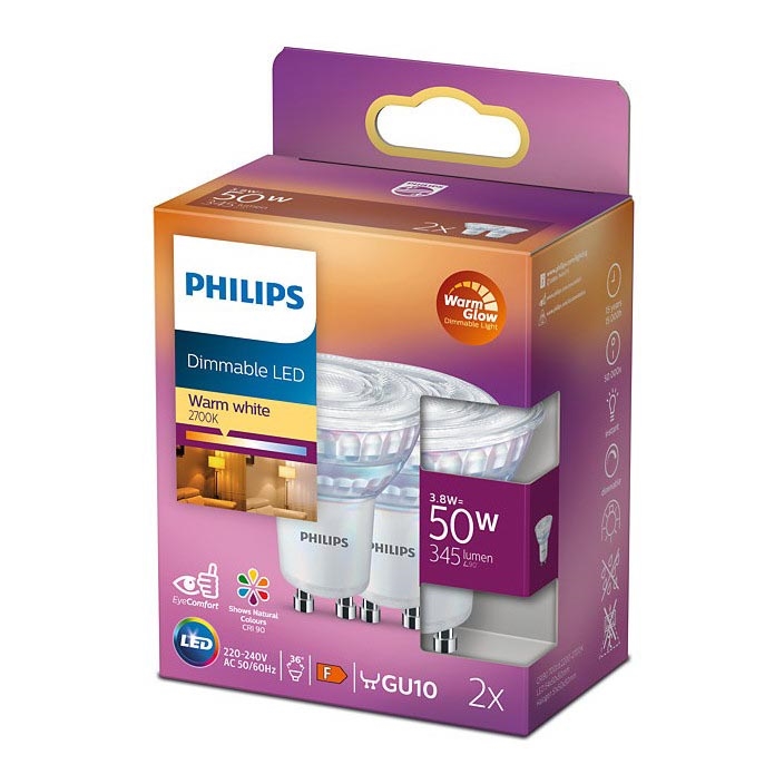 SET 2x Dimbare LED Lamp Philips Warm Glow GU10/3,8W/230V 2200-2700K CRI 90