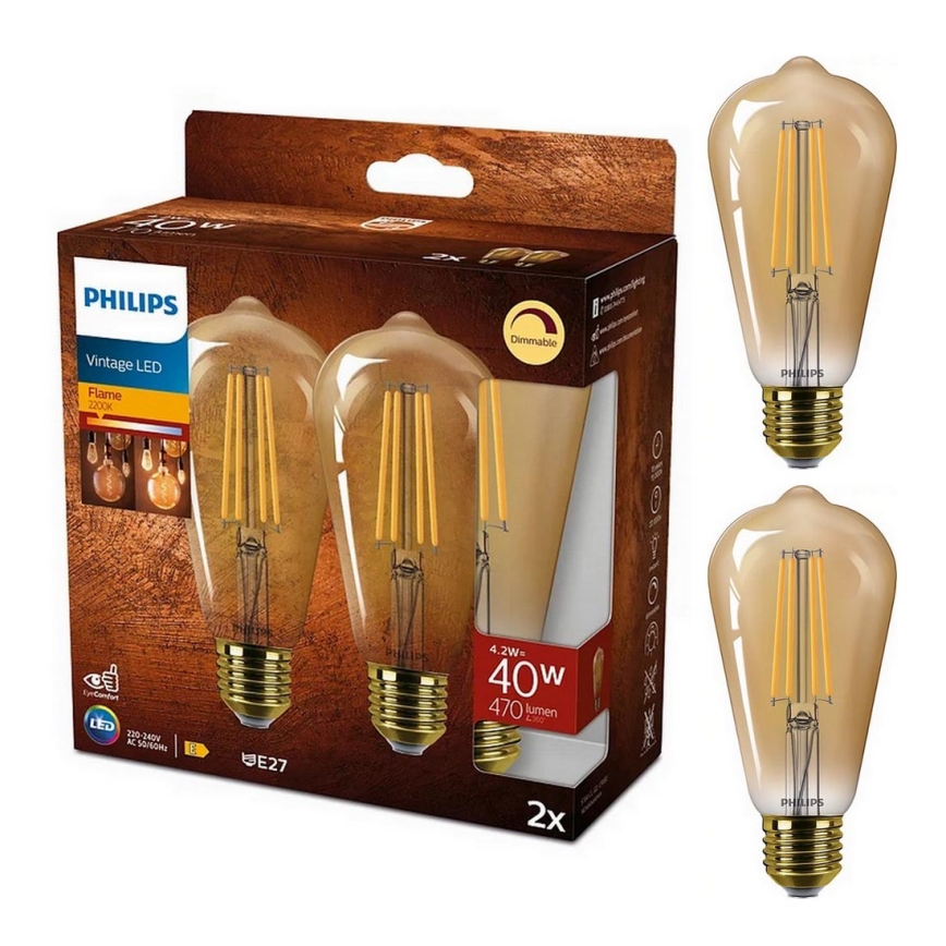 SET 2x Dimbare LED Lamp VINTAGE Philips ST64 E27/4,2W/230V 2200K