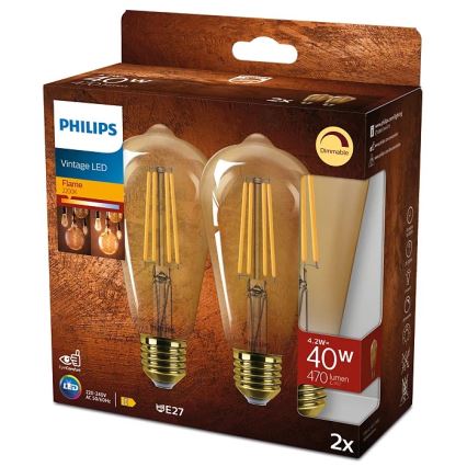 SET 2x Dimbare LED Lamp VINTAGE Philips ST64 E27/4,2W/230V 2200K