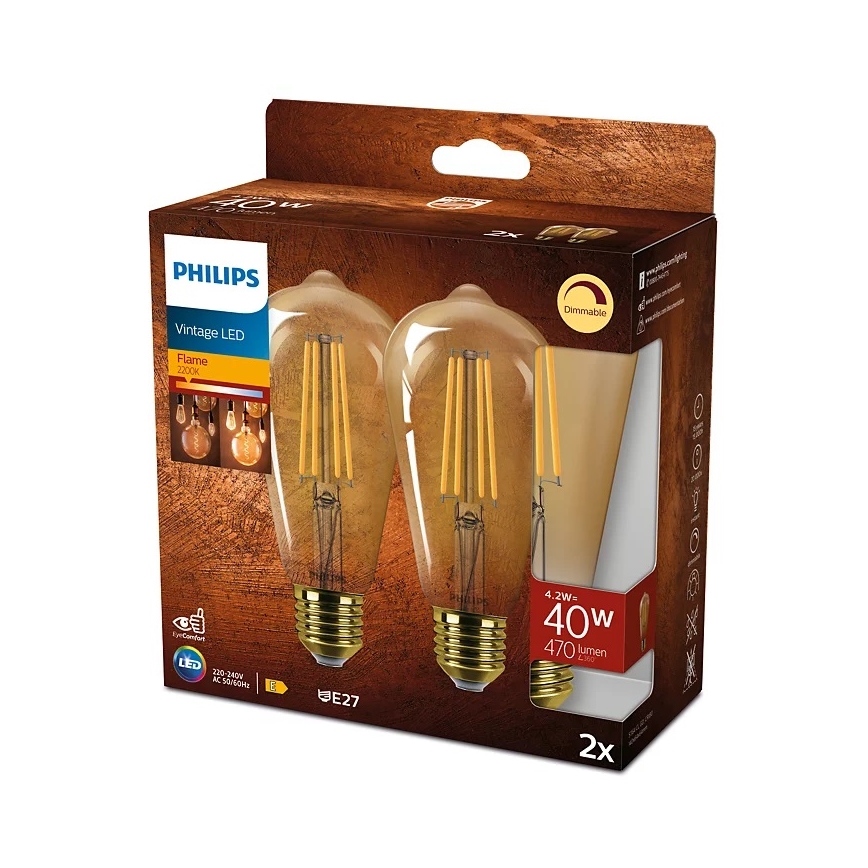 SET 2x Dimbare LED Lamp VINTAGE Philips ST64 E27/4,2W/230V 2200K
