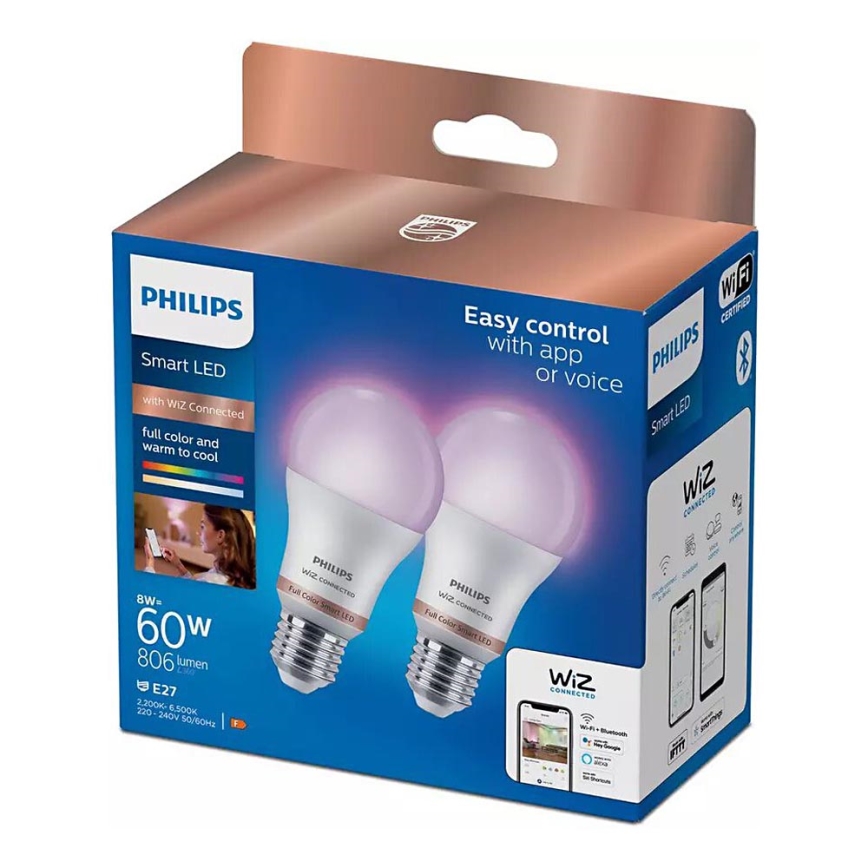 SET 2x Dimbare LED RGB lamp Philips A60 E27/8W/230V Wi-Fi