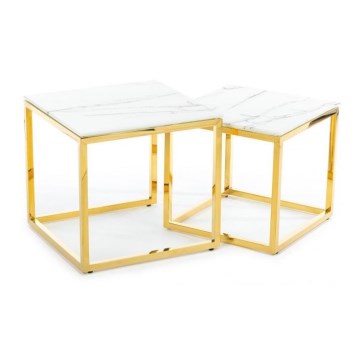 SET 2x Koffie Tafel LIGHT 42x45 cm goud/wit marmeren decor