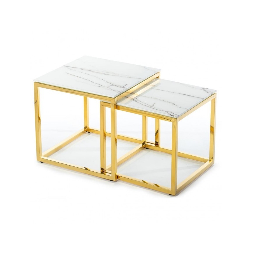 SET 2x Koffie Tafel LIGHT 42x45 cm goud/wit marmeren decor