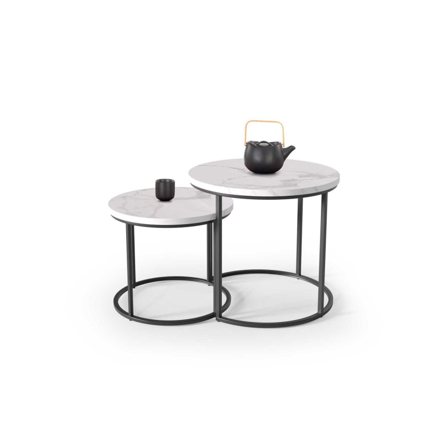 SET 2x Koffie Tafel OREO diameter 43/53 cm zwart/marmeren decor