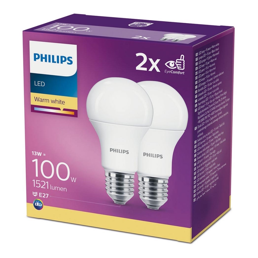 SET 2x LED Lamp Philips A60 E27/13W/230V 2700K