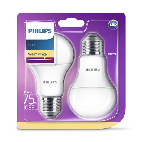 SET 2x LED Lamp Philips E27/11W/230V 2700K
