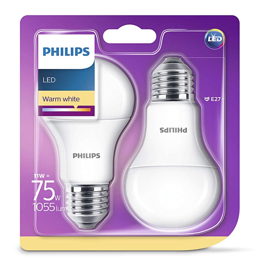 SET 2x LED Lamp Philips E27/11W/230V 2700K