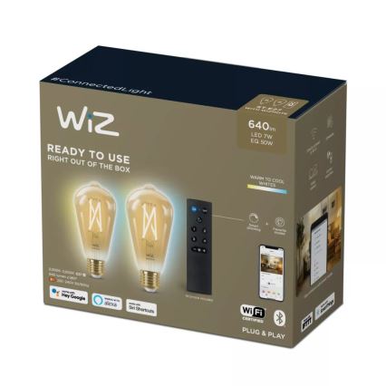 SET 2x Dimbare LED Lamp ST64 E27/7W/230V 2000-5000K CRI 90 Wi-Fi + afstandsbediening - WiZ