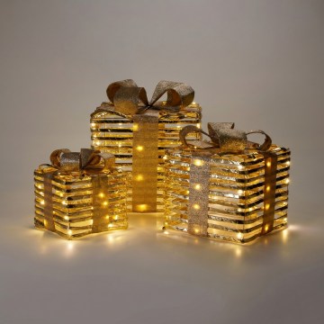 SET 3x LED Kerstdecoratie 20xLED/2xAA + 30xLED/3xAA + 40xLED/3xAA warm wit cadeaus/goud