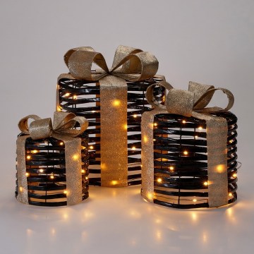 SET 3x LED kerstdecoratie 20xLED/2xAA + 30xLED/3xAA + 40xLED/3xAA warm wit cadeaus/zwart