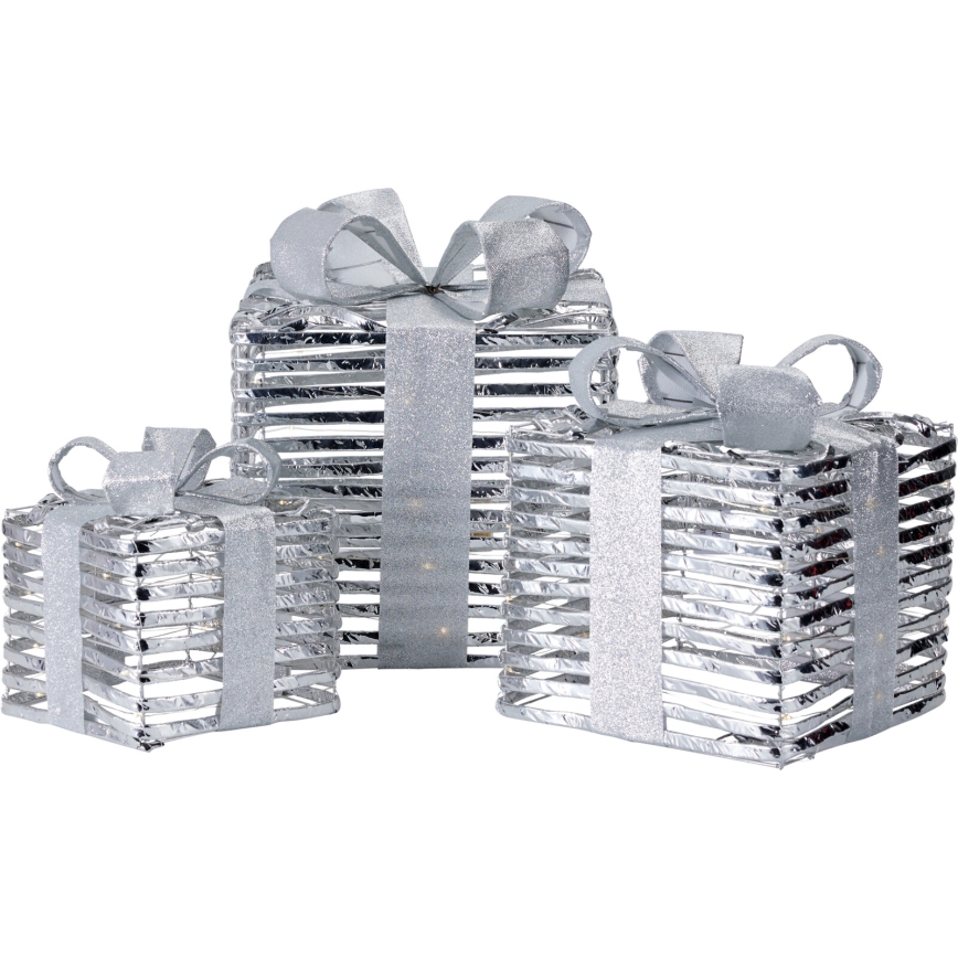 SET 3x LED kerstdecoraties 20xLED/2xAA + 30xLED/3xAA + 40xLED/3xAA warm wit cadeaus/zilver