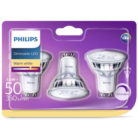 SET 3x LED Lamp dimbaar Philips GU10/5W/230V 2700K