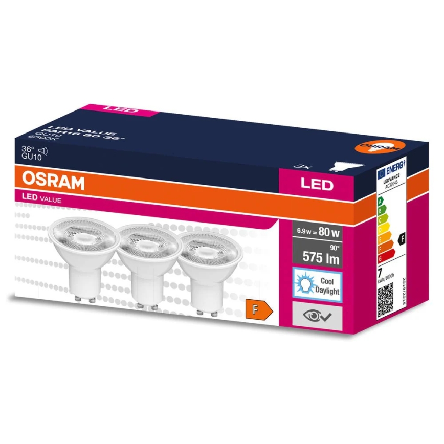 SET 3x LED-reflectorlampen PAR16 GU10/6,9W/230V 6500K 36° - Osram