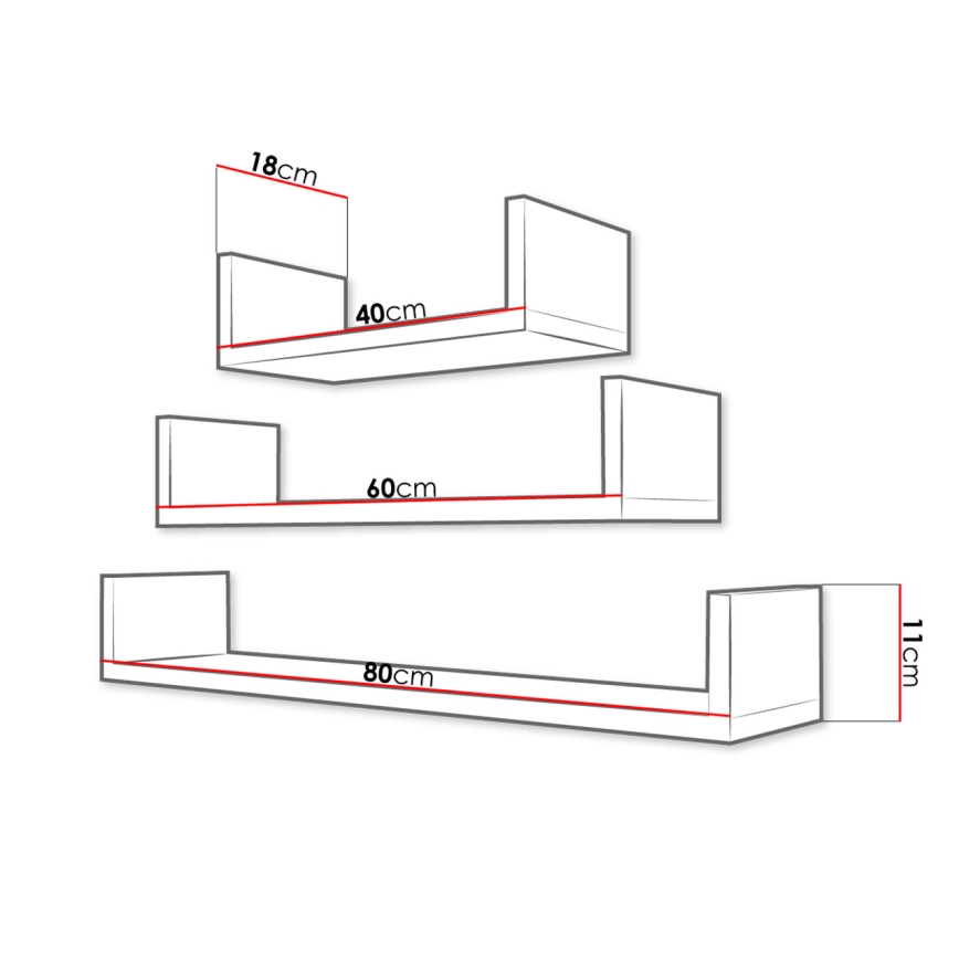 SET 3x Wandplank TRIO eik Sonoma
