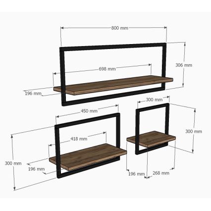 SET 3x Wandplank YESO bruin/zwart