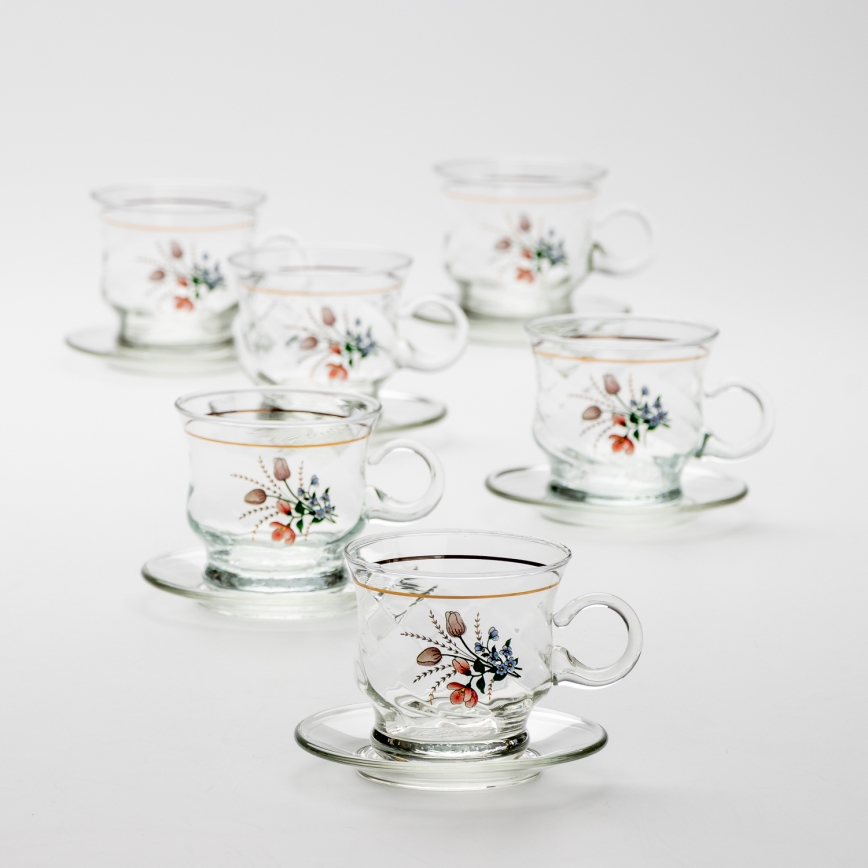 Set 6x glazen kop met schotel doorzichtig boeket nr. 3