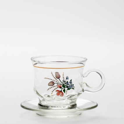 Set 6x glazen kop met schotel doorzichtig boeket nr. 3