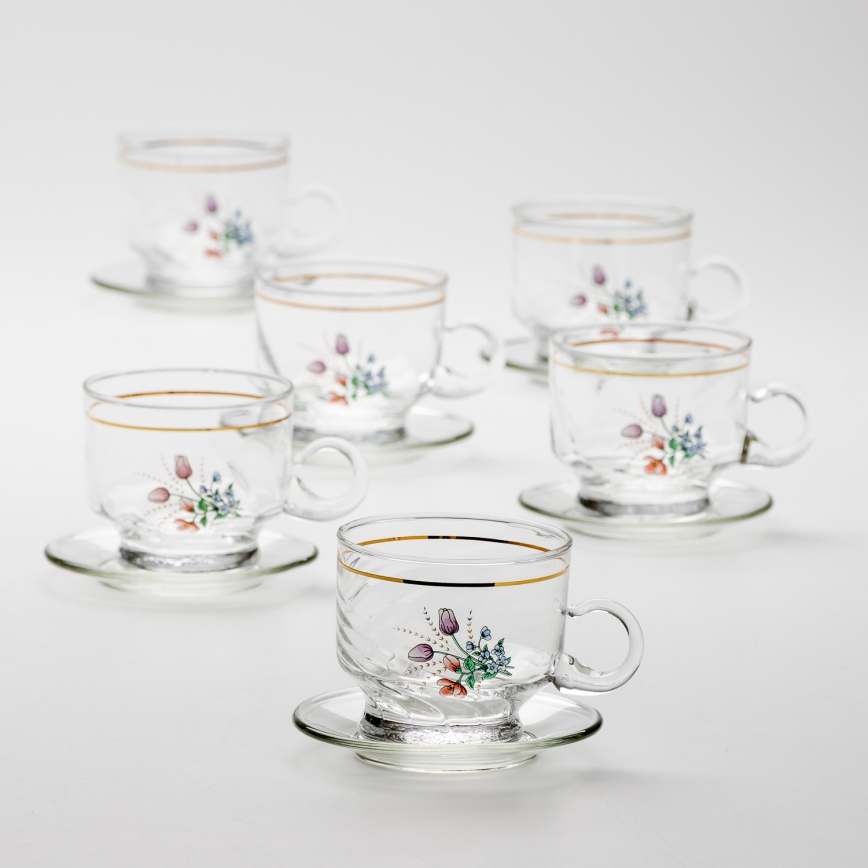 Set 6x glazen kop met schotel doorzichtig boeket Nr. 5