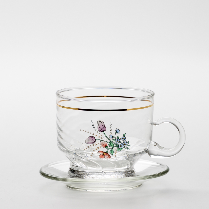 Set 6x glazen kop met schotel doorzichtig boeket Nr. 5